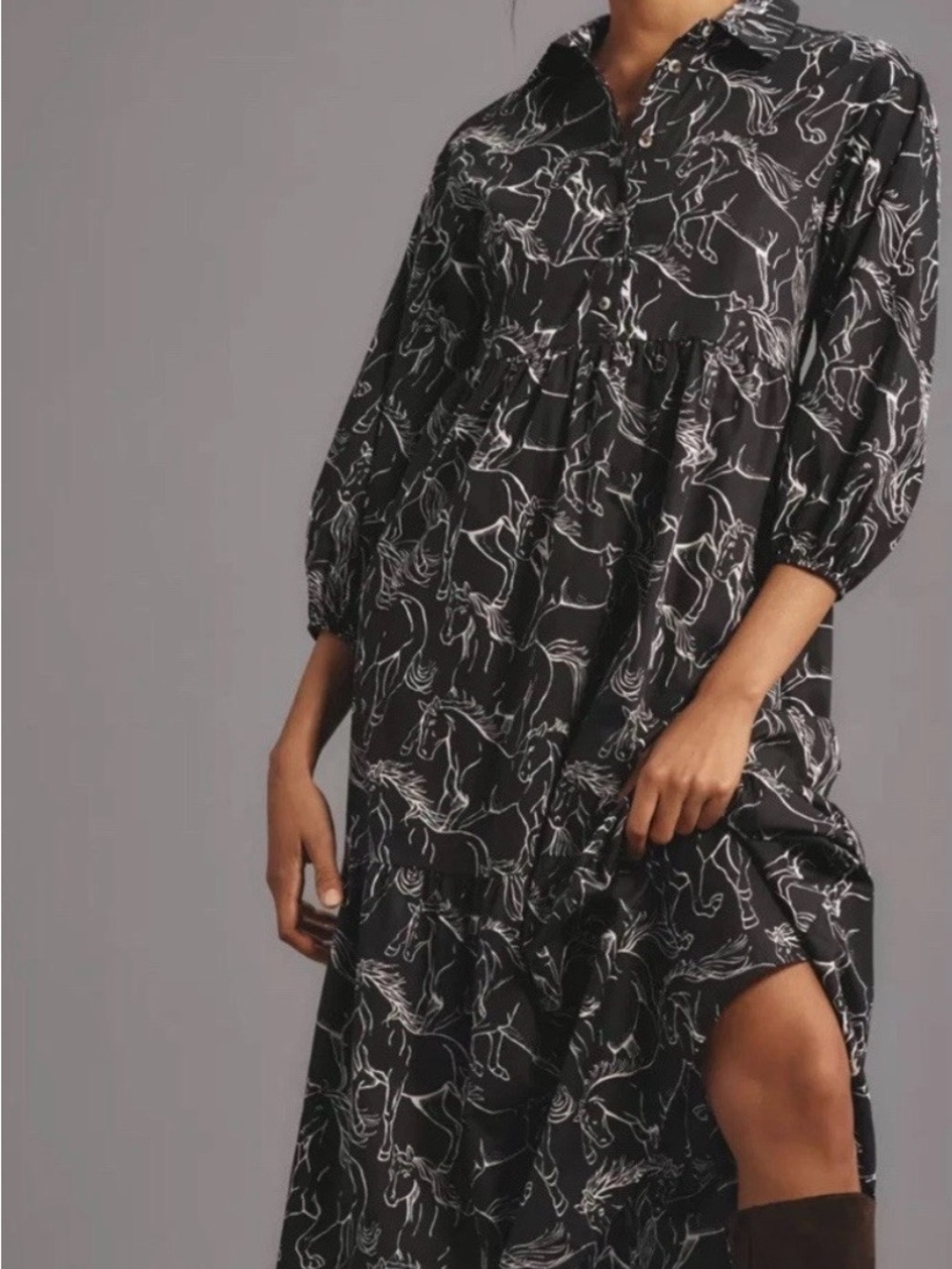Maeve Black and White Horse-Print Bettina Midi Dress